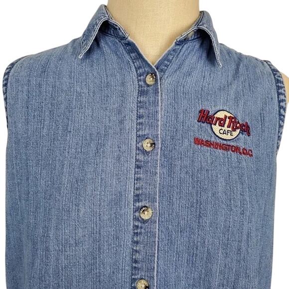 Vintage Y2K Hard Rock Cafe Sleeveless Denim Shirt XL Button Front Washington DC - Picture 5 of 7